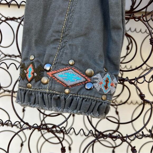 Miss Me Aztec Southwestern Stud Olive Canvas Military Jacket Ruffles LARGE - Picture 9 of 12
